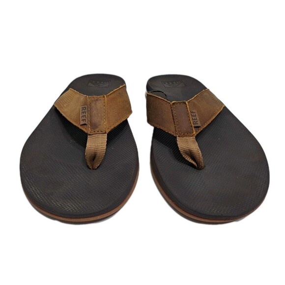 Reef Fanning Flip Flops Men's 9 Leather Sandals Brown Bottle Opener Beach - Picture 2 of 9
